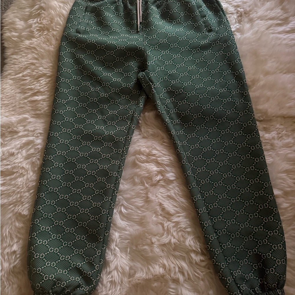 Green lounge pants and jacket with Cozy Fit unisex, track suit Gucci style.